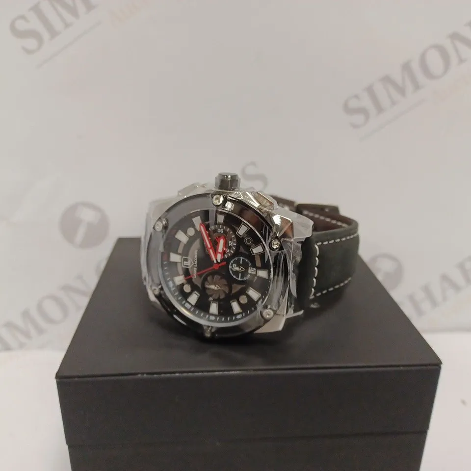LOUIS LACOMBE MENS WATCH - MULTI FUNCTION BLACK DIAL - STAINLESS STEEL CASE - LEATHER STRAP - 3ATM WATER RESISTANT - DISPLAY BOX