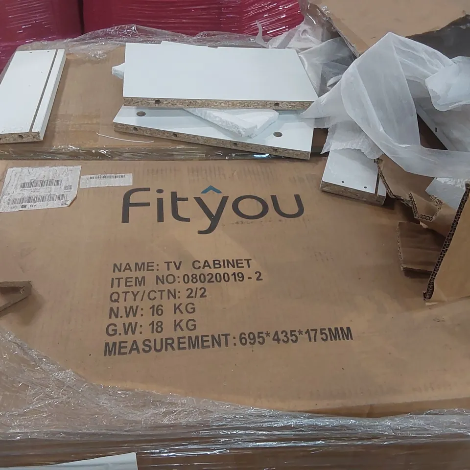 PALLET CONTAINING A LARGE QUANTITY OF FITYOU TV CABINET PARTS