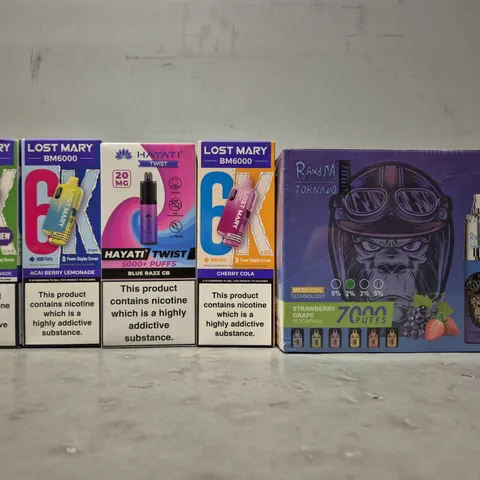 APPROXIMATELY 10 ASSORTED E-CIGARETTE PRODUCTS TO INCLUDE - LOST MARY , HAYATI , RANDM ETC