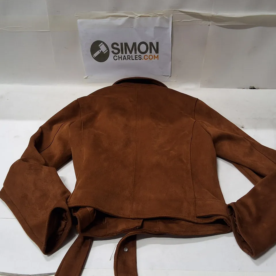 NEW LOOK WOMEN'S BROWN FAUX SUEDE-LOOK BIKER JACKET, UK 10