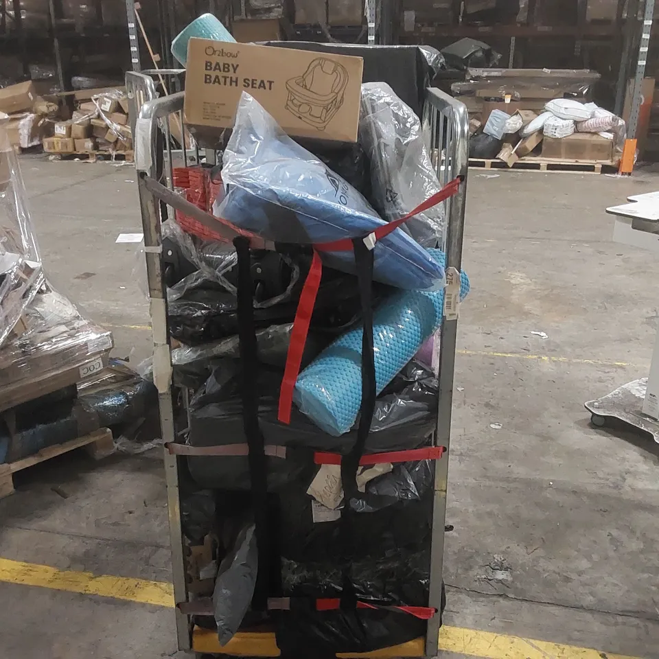 CAGE CONTAINING A LARGE QUANTITY OF ASSORTED ITEMS INCLUDING: BABY BATH SEAT, FOAM ROLLER, YOGA MAT ECT - CAGE NOT INCLUDED 