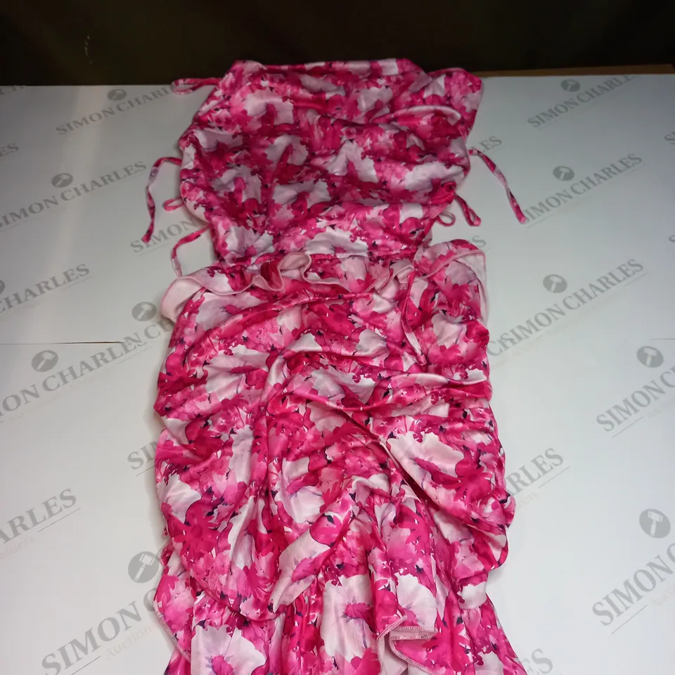 HOT PINK FLORAL ABSTRACT PRINT RUCHED FRILL DETAIL STRAPPY DRESS SIZE 14