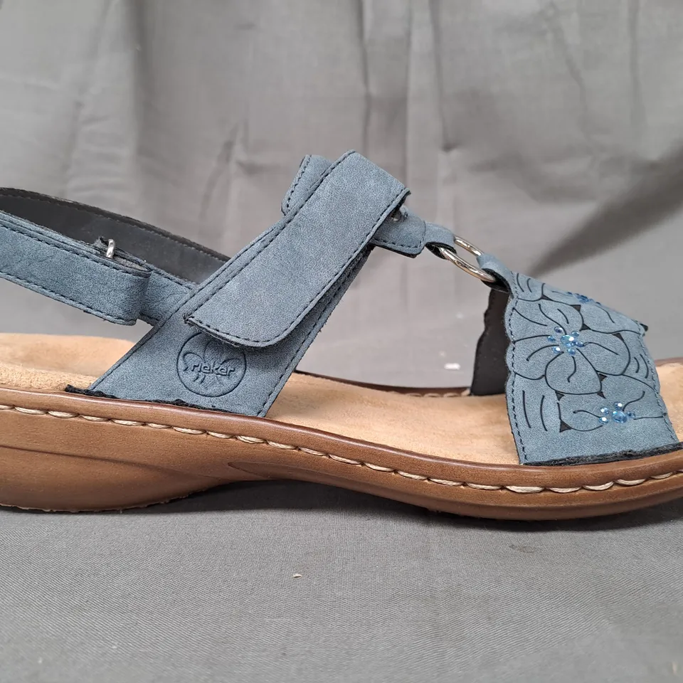 BOXED PAIR OF RIEKER OPEN TOE SANDALS IN BLUE EU SIZE 38