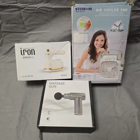 APPROXIMATELY 12 ASSORTED ELECTRICAL PRODUCTS TO INCLUDE PORTABLE IRON, COOLER FAN, MASSAGE GUN ETC 