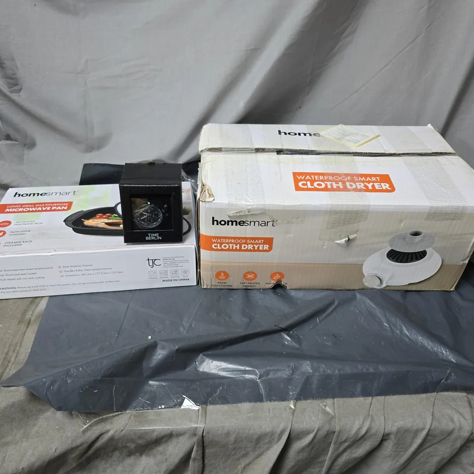 BOX OF APPROXIMATELY 8 ASSORTED HOUSEHOLD ITEMS TO INCLUDE CLOTH DRYER, WATCH, MICROWAVE PAN ETC