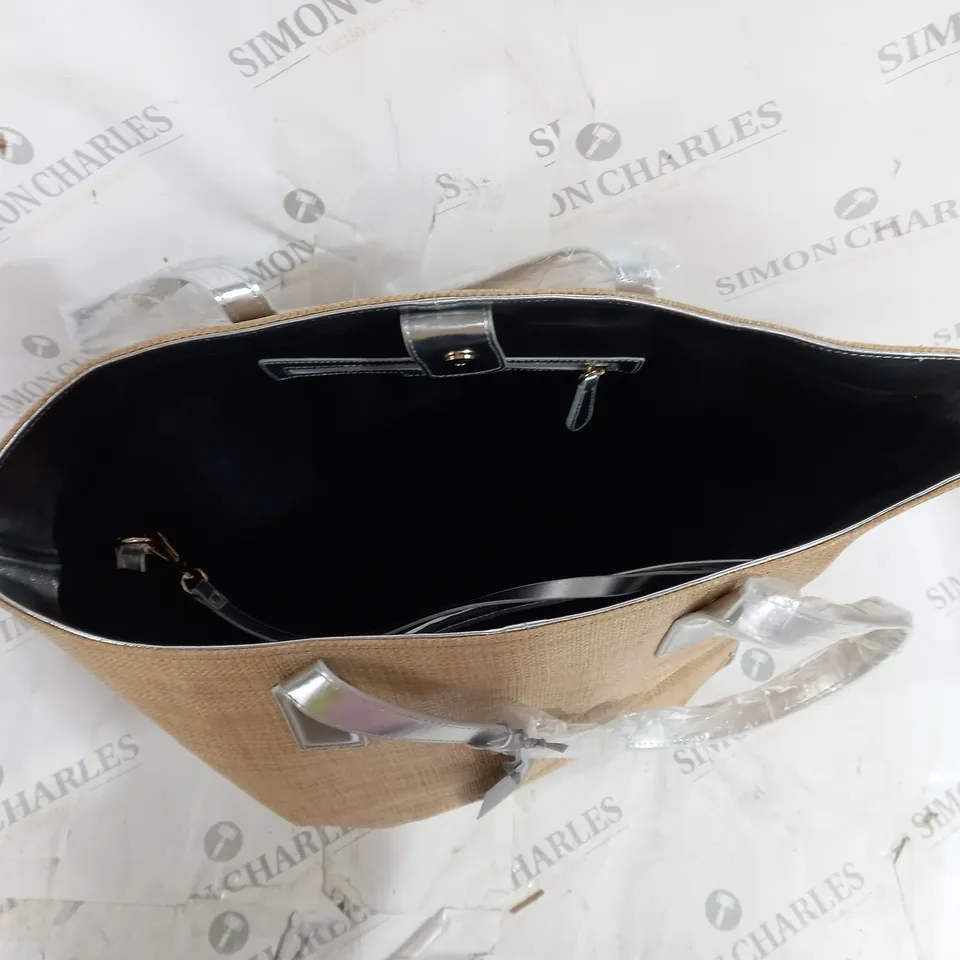 RUTH LANGSFORD BEIGE BEACH TOTE BLACK INTERIOR AND SILVER ACCENTS