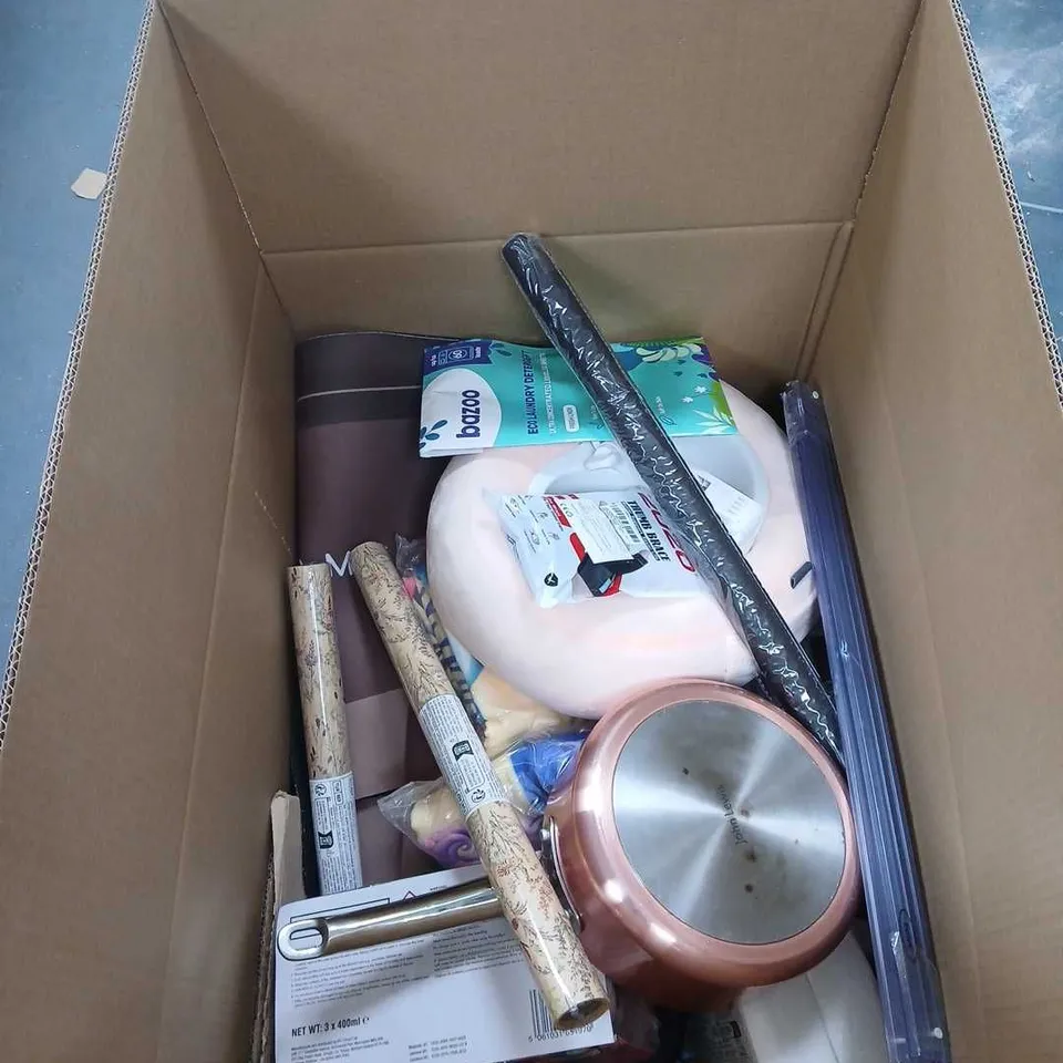 BOX OF APPROXIMATELY 20 ASSORTED ITEMS TO INCLUDE JOHN LEWIS SAUCE PAN, FLORAL DEHUMIDIFIERS, BT HUB, THUMB BRACE ETC