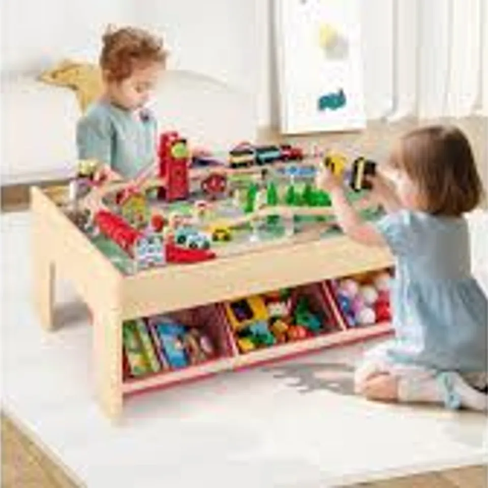 BOXED COSTWAY RED 3 FABRIC DRAWER WOODEN TRAIN SET TABLE WITH REVERSIBLE TABLETOP