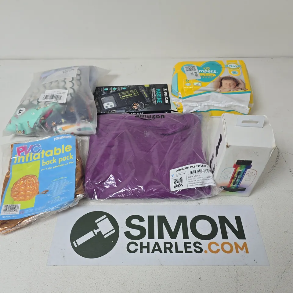 APPROXIMATELY 15 ASSORTED ITEMS TO INCLUDE PAMPERS PANTS, PVC INFLATABLE BACKPACK, PHONE CASE, ETC