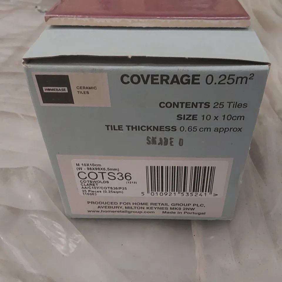 PALLET TO CONTAIN APPROX 300 X CARTONS OF HOMEBASE COTSWOLDS CLARET CERAMIC WALL TILES - 25 TILES PER CARTON // SIZE: 98 X 98 X 6.5mm