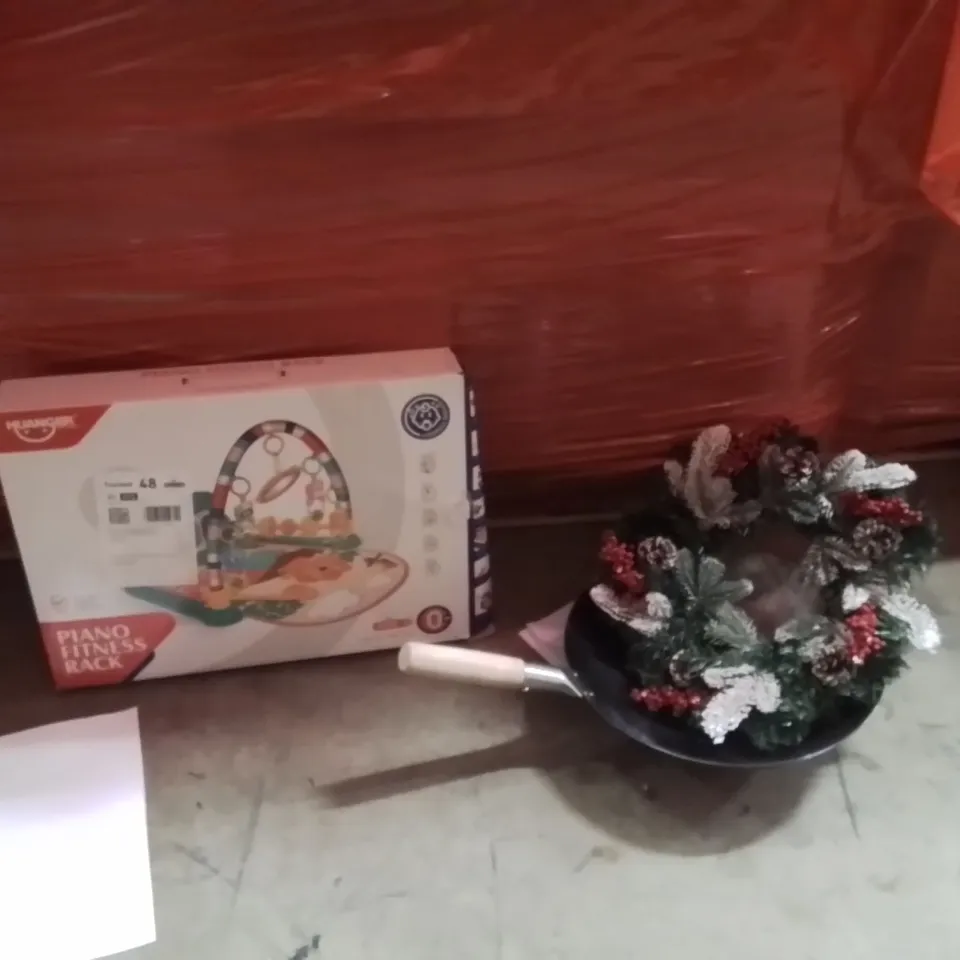PALLET OF ASSORTED HOUSEHOLD GOODS AND PRODUCTS TO INCLUDE;FITNESS RACK,CHRISTMAS WEATHER,PAN