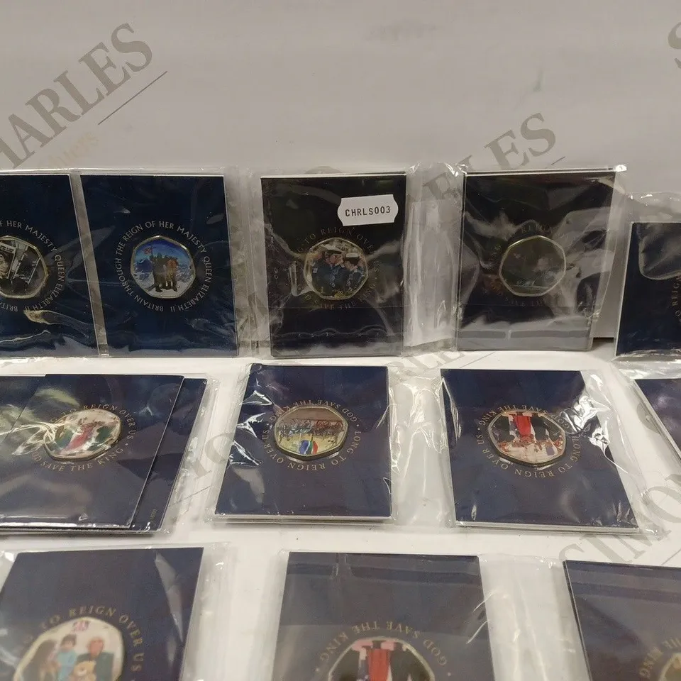 BOX TO CONTAIN APPROX. 30 X ASSORTED COMMEMORATIVE & COLLECTABLE 50P COINS. DESIGNS VARY 