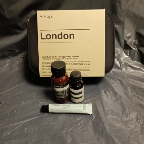 AESOP LONDON TRAVEL KIT INCLUDING TOOTHPASTE, CONDITIONER AND BODY BALM. 9 ITEMS IN TOTAL