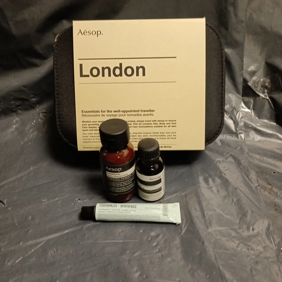 AESOP LONDON TRAVEL KIT INCLUDING TOOTHPASTE, CONDITIONER AND BODY BALM. 9 ITEMS IN TOTAL