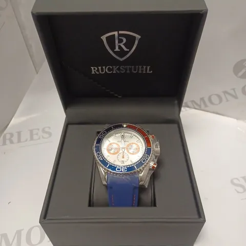 MENβS RUCKSTUHL CHRONOGRAPH R400 WATCH β SILVER COLOUR CASE β SILVER DIAL β 3ATM WATER RESISTANT β BLUE RUBBER STRAP