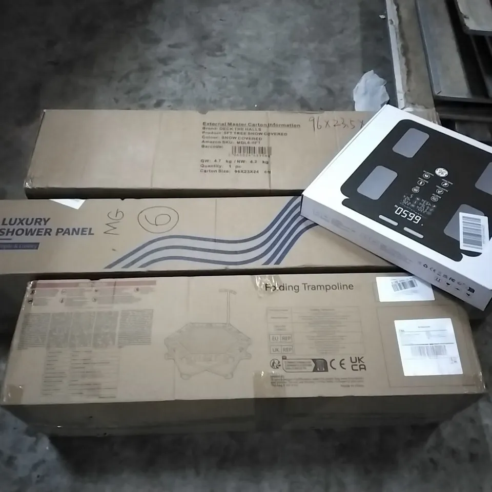 PALLET OF HOUSEHOLD ITEMS TO INCLUDE DECK THE HALLS TREE,LUXURY SHOWER PANEL,SCALES,FOLDING TRAMPOLINE AND OTHER ASSORTED ITEMS...