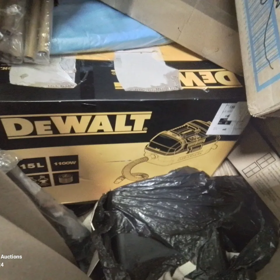 PALLET CONTAINING VARIOUS ITEMS TO INCLUDE BOXED HOUSEHOLD ITEMS DEWALT HOOVER ETC.