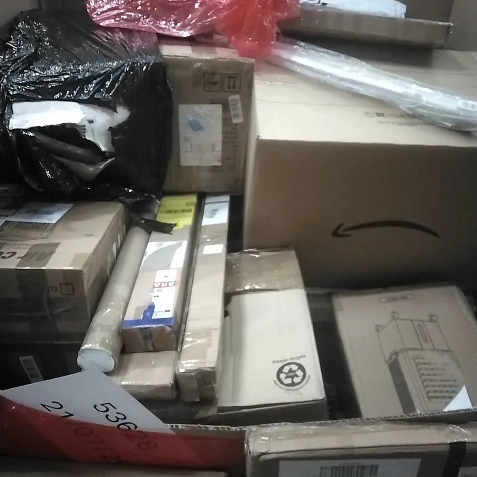 PALLET OF ASSORTED HOUSEHOLD GOODS AND PRODUCTS TO INCLUDE; CEILING FAN WITH LIGHT, AIR CONDITIONER, ACOUSTIC SLAT PANEL, BOXED FURNITURE ETC