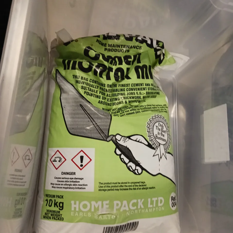 THREE CLEAR STORAGE CONTAINERS AND CEMENT MORTAR MIX