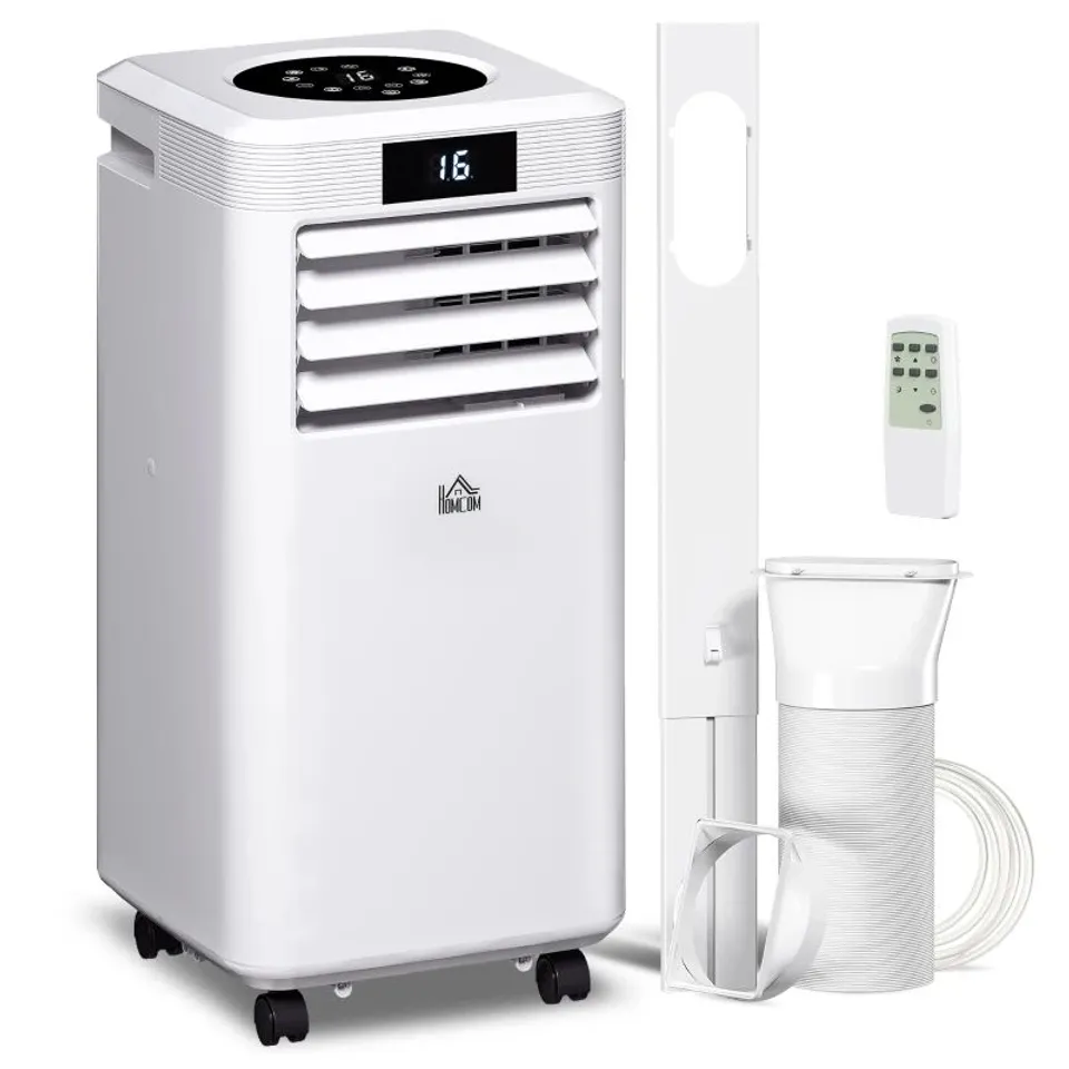 BOXED HOMCOM 10000 BTU AIR CONDITIONING UNIT, 3-IN-1 PORTABLE AIR CONDITIONER, DEHUMIDIFIER, COOLING FAN WITH REMOTE CONTROL, DIGITAL DISPLAY, 2 SPEEDS, 24H TIMER, WINDOW VENTING KIT, 22M