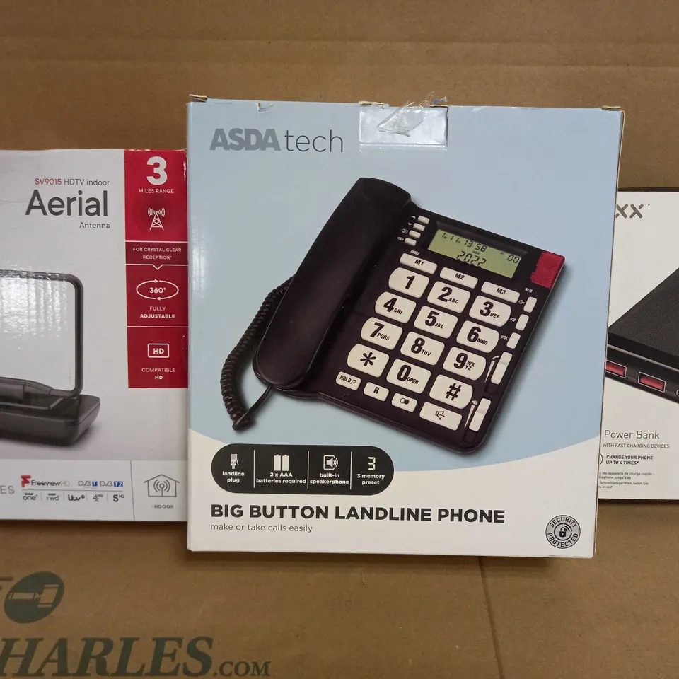 BOX OF APPROXIMATELY 20 ASSORTED ELECTRICAL ITEMS TO INCLUDE ONE FOR ALL SV9015 HDTV INDOOR AERIAL, ASDA TECH BIG BUTTON LANDLINE PHONE, MIXX C10 3 PORT POWER BANK, ETC