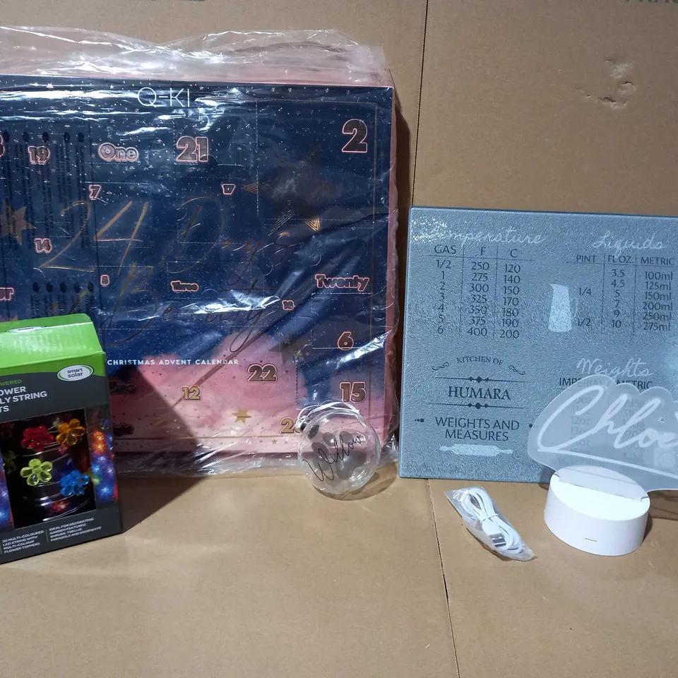 LOT OF 5 ASSORTED HOUSEHOLD ITEMS, TO INCLUDE BEAUTY ADVENT CALENDAR, STRING LIGHTS & PERSONALISED ITEMS RRP £88