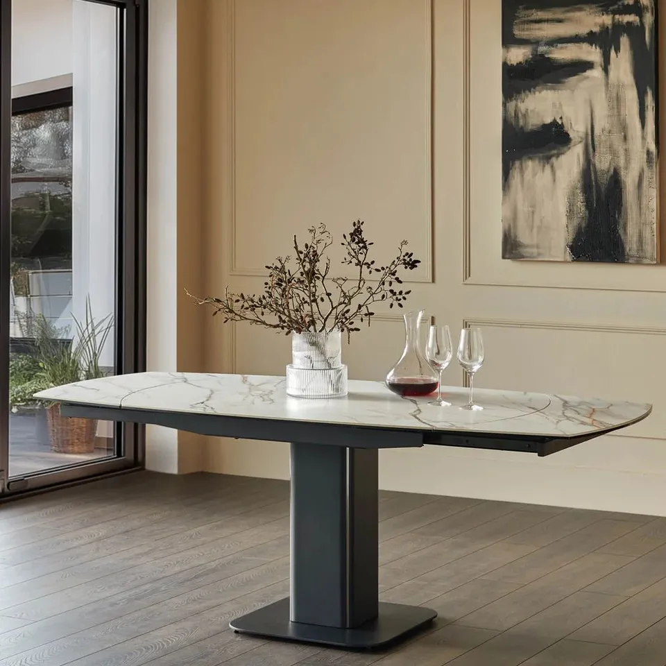 BOXED DANETTI FRASER NATURAL CERAMIC EXTENDING 4-6 SEATER DINING TABLE (3 BOXES)