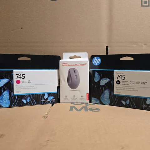 BOX OF APPROXIMATELY 10 ASSORTED ITEMS TO INCLUDE LENOVO BLUETOOTH SILENT MOUSE, HP VIVID PHOTO INK CARTRIDGE, ETC