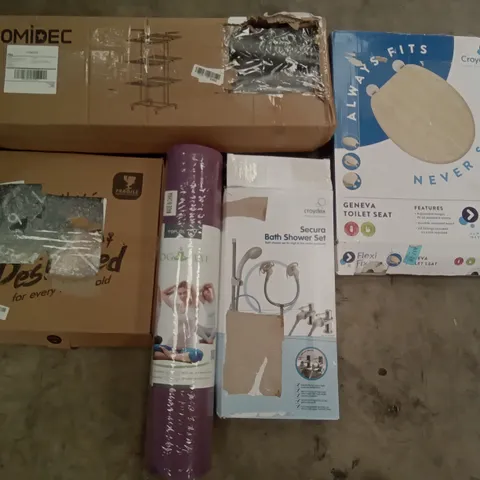 PALLET OF ASSORTED ITEMS INCLUDING HOMIDEC DRYING RACK, CROYDEX GENEVA TOILET SEAT, SECURA BATH SHOWER SET, TOPLUS YOGAMAT, WALL CLOCK, OFFICE CHAIR