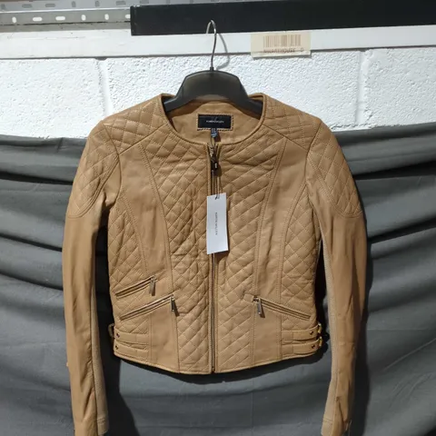 KAREN MILLEN LEATHER QUILTED BIKER JACKET IN TAN - UK 10