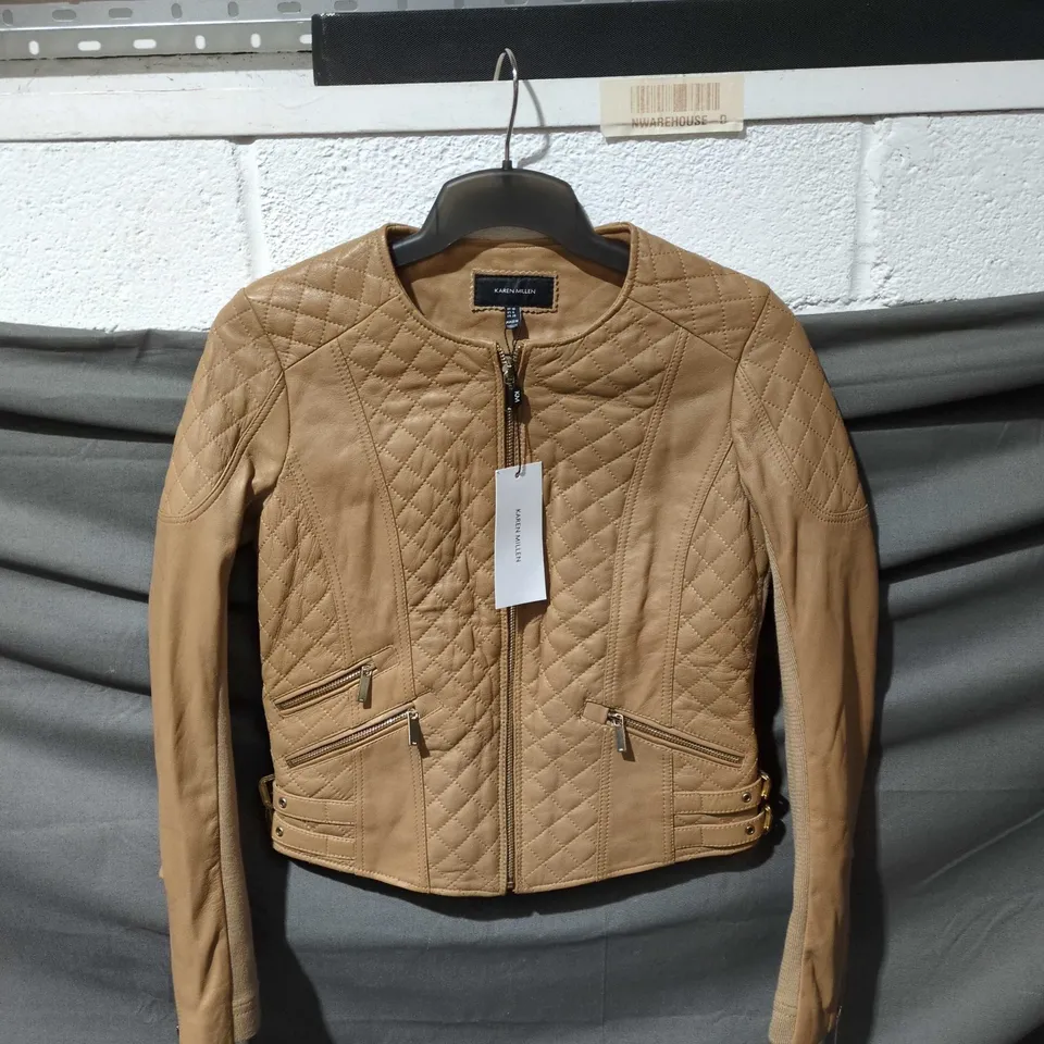 KAREN MILLEN LEATHER QUILTED BIKER JACKET IN TAN - UK 10