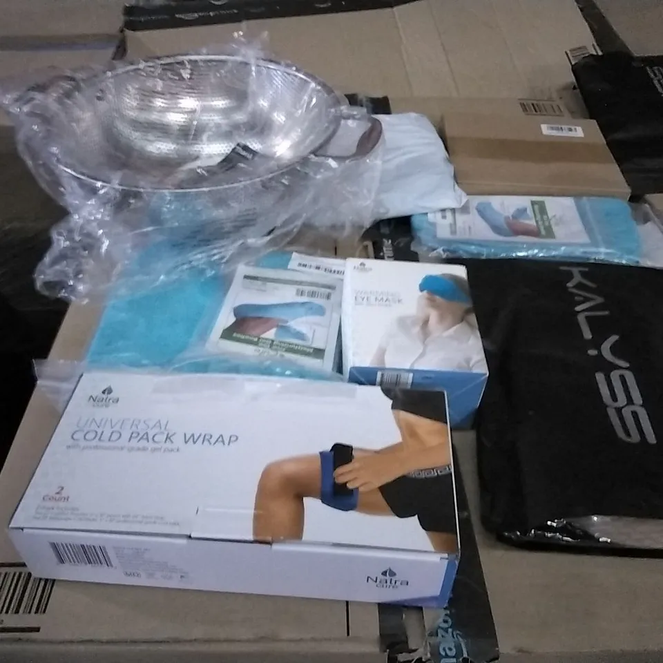 PALLET OF ASSORTED ITEMS INCLUDING NATRA CURE GEL BOOTIES, ICE ROLLER, KALYSS WIGS, THORNTONS, NATRA CURE HIP PAIN RELIEF WRAP, NATRA CURE WARMING EYE MASK