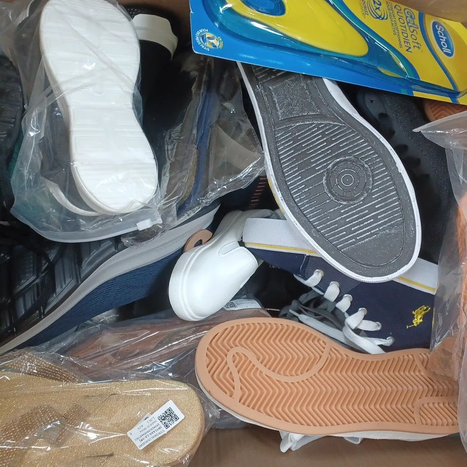 BOX OF APPROXIMATELY 15 ASSORTED PAIRS OF SHOES AND FOOTWEAR ITEMS IN VARIOUS COLOURS, STYLES, AND SIZES - COLLECTION ONLY