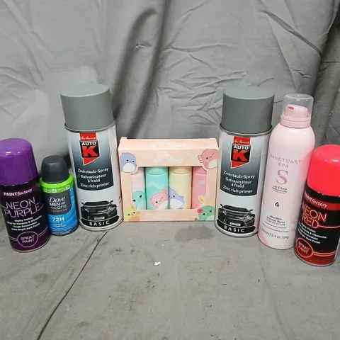APPROXIMATELY 15 ASSORTED AEROSOLS TO INCLUDE SANCTUARY SPA SHOWER BURST, AUTO K SPRAY, DOVE MAN CARE, ETC - COLLECTION ONLY