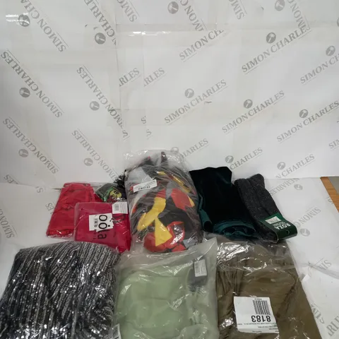 LARGE BOX OF ASSORTED CLOTHING ITEMS IN VARIOUS COLOURS AND SIZES INCLUDING TROUSERS , TOPS AND JUMPERS 
