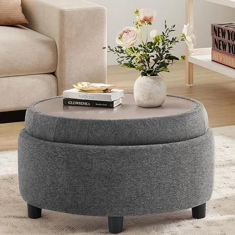 BOXED COLAMY FABRIC ROUND STORAGE OTTOMAN WITH REVERSIBLE TRAY LID – MULTI-FUNCTIONAL FOOTREST - DARK GREY