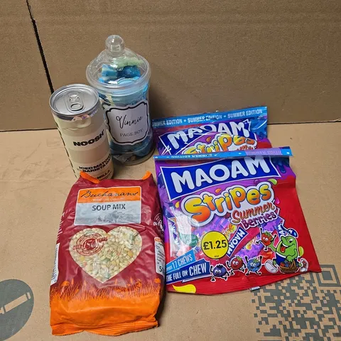 APPROXIMATELY 10 ASSORTED FOOD/DRINK PRODUCTS TO INCLUDE MAOAM, NOOSH DRINK, SOUP MIX ETC 