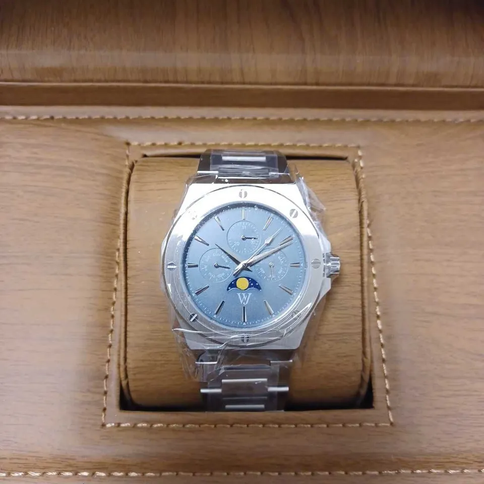 WILLIAM JOURDAIN DETAIL BEZEL TRIPLE DIAL BLUE-GREY FACE BRACELET STRAP WATCH