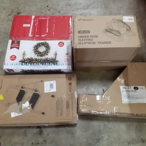 PALLET CONTAINING ASSORTED PRODUCTS INCLUDING STEP LADDER, LED WREATH AND GARLAND SET, UNDER DESK ELECTRIC ELLIPTICAL TRAINER & STUNT SCOOTER