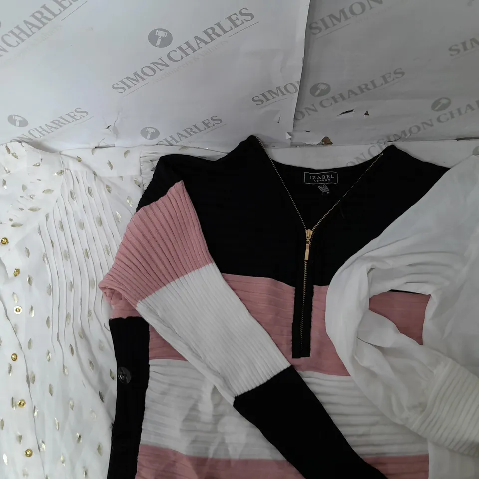 A BOX OF 10 CLOTHING ITEMS TO INCLUDE A WHITE AND GOLD BLOUSE A BLACK/PINK/WHITE JUMPER AND A WHITE THIN TOP