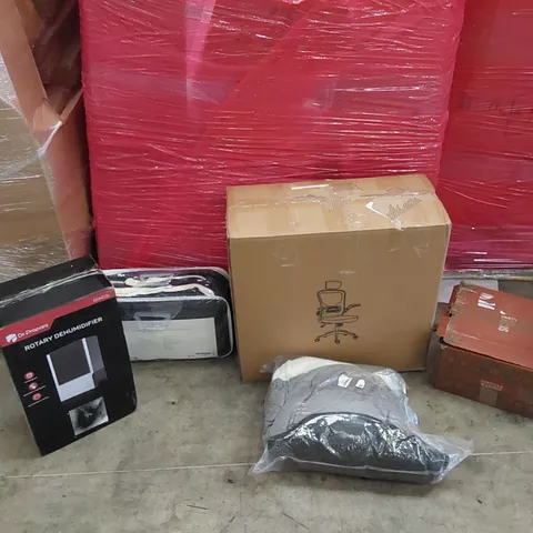 PALLET OF ASSORTED ITEMS INCLUDING: OFFICE CHAIR, ROTARY DEHUMIDIFIER, ELECTRIC BLANKET, PET BED, TORTILLA WARMER