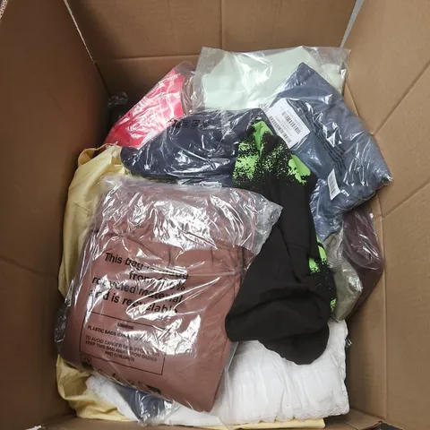 BOX OF APPROXIMATELY 25 ASSORTED CLOTHING ITEMS IN VARIOUS STYLES , COLOURS AND SIZES 
