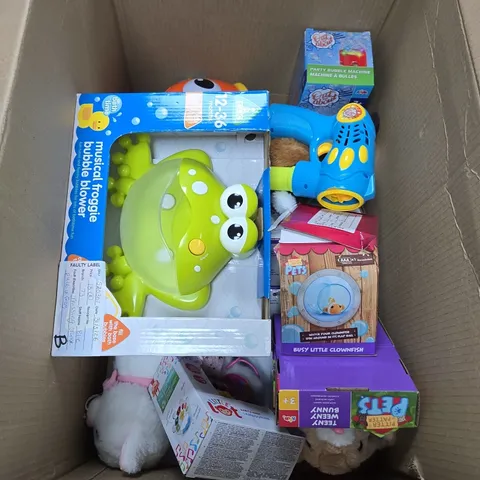 BOX OF APPROXIMATELY 10 ASSORTED TOYS INCLUDING ELC MUSICAL FROGGIE BUBBLE BLOWER, PITTER PATTER PETS BUSY LITTLE CLOWNFISH AND LITTLE LOT BABY'S FIRST TAMBOURINE