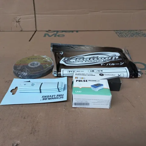 TOTE OF APPROXIMATELY 15 ASSORTED ITEMS TO INCLUDE BALLOONS, TYRE LEVERS, DEFENDER PERSONAL ALARM, PULSE OXIMETER ETC