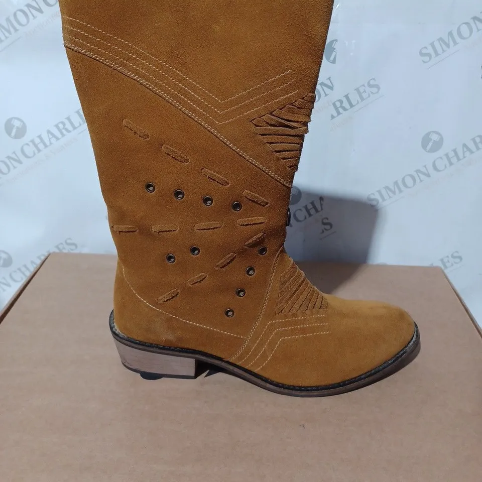 BOXED PAIR OF JOE BROWNS BRICK LANE SUEDE MIDI BOOTS IN TAN SIZE 6