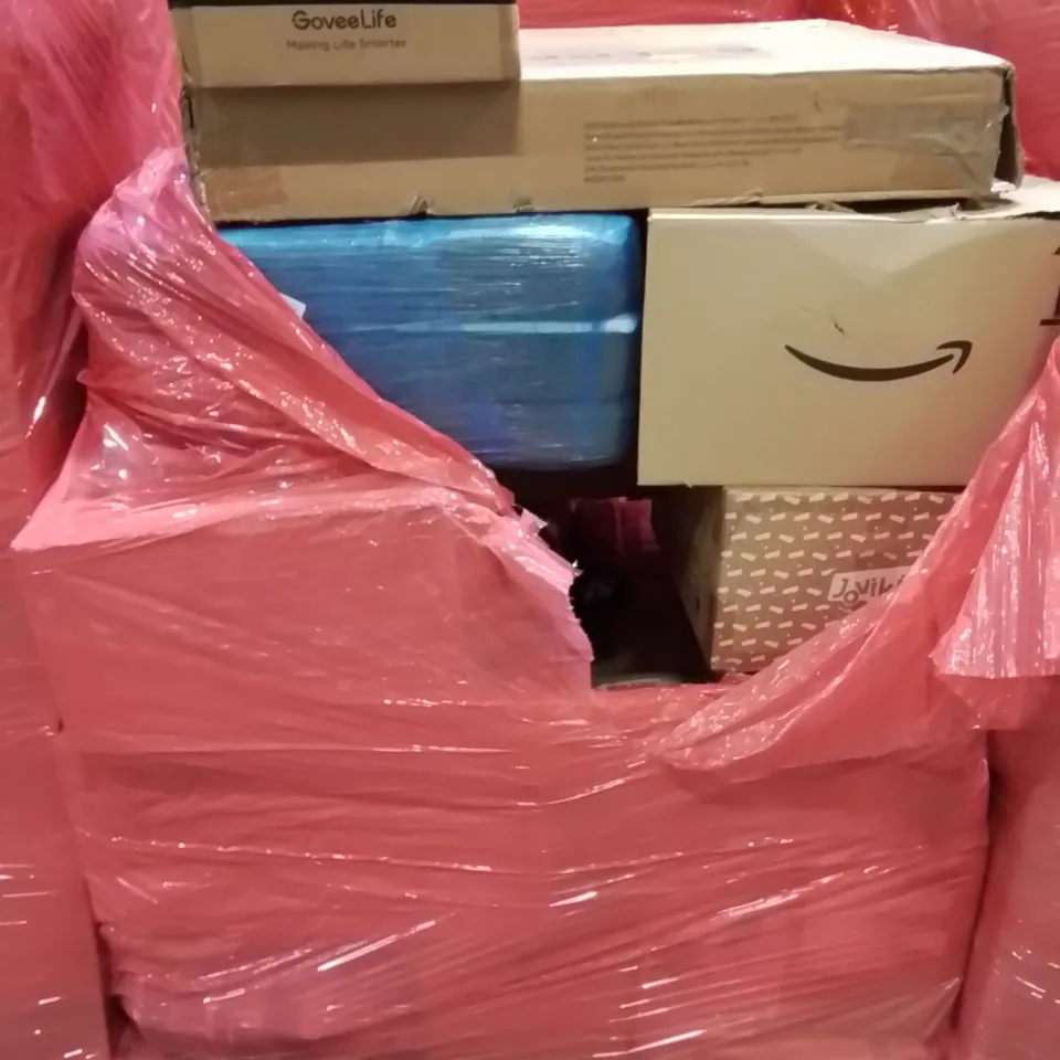 PALLET CONTAINING VARIOUS ASSORTED BOXED HOUSEHOLD ITEMS TO INCLUDE: SMART AIR PURIFIER, DINING TABLE, FOLD OUT FOAM BED AND LOTS MORE UNMARKED BOXED ITEMS 