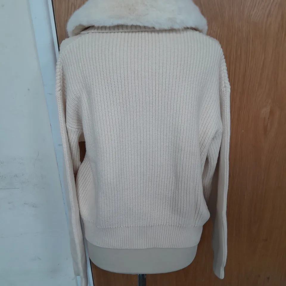 RAILS RIBBED KNIT BUTTON UP CARDIGAN WITH FAUX FUR TRIM IN CREAM SIZE L