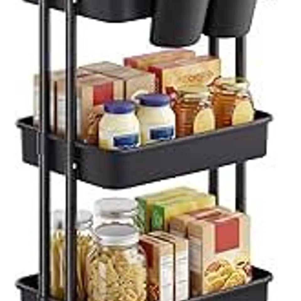 BOXED SONGMICS ROLLING CART, 3 TIER STORAGE CART, WITH HANDLE - BLACK