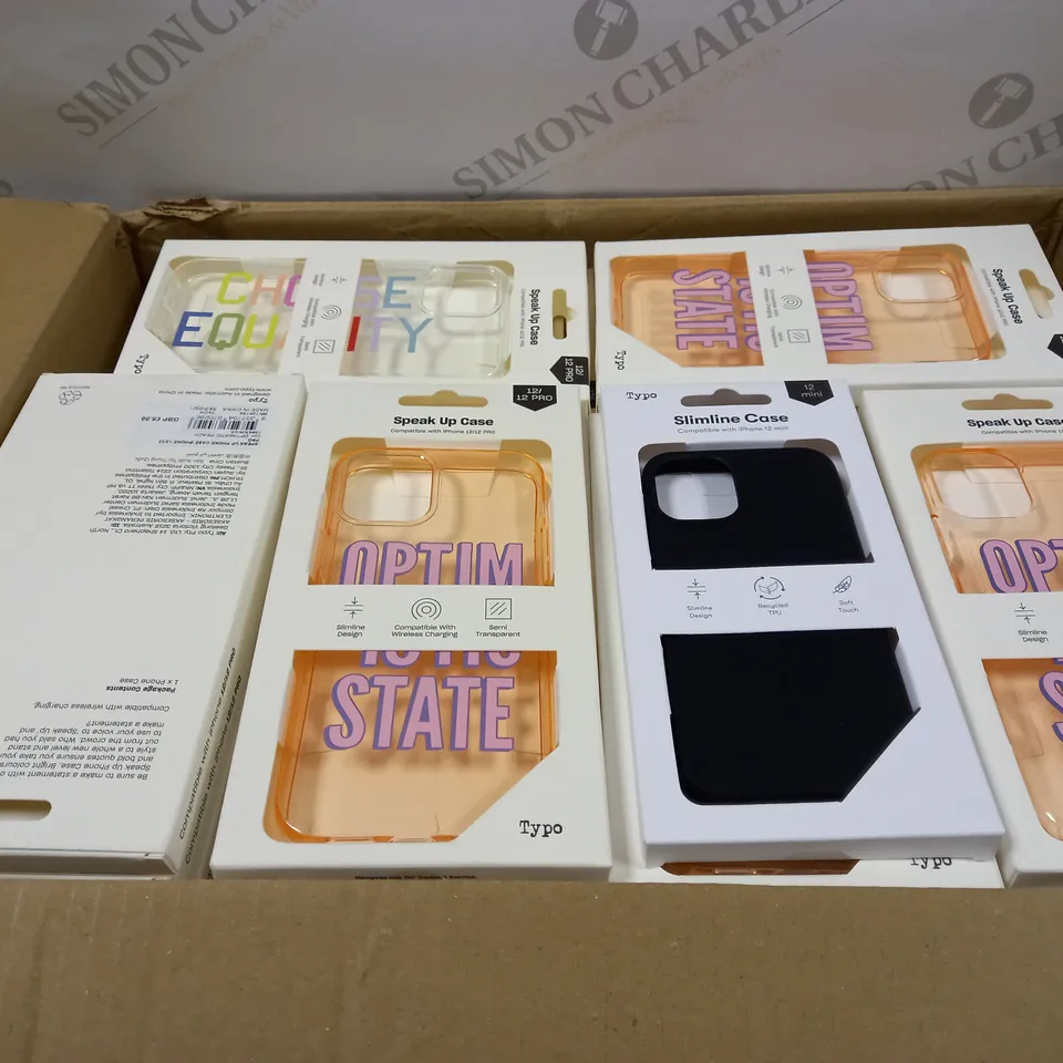 BOX OF APPROXIMATELY 53  TYPO PHONES CASES ('SLIMLINE CASE' & 'SPEAK UP CASE') FOR IPHONE 11, 12 MINI, 12/12PRO IN VARYING COLOURS