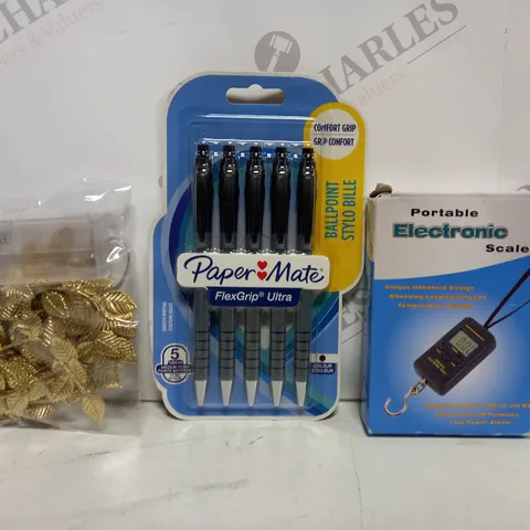 APPROXIMATELY 15 ASSORTED HOUSEHOLD ITEMS TO INCLUDE PAPER MATE PENS, PORTABLE ELECTRONIC SCALE, ETC